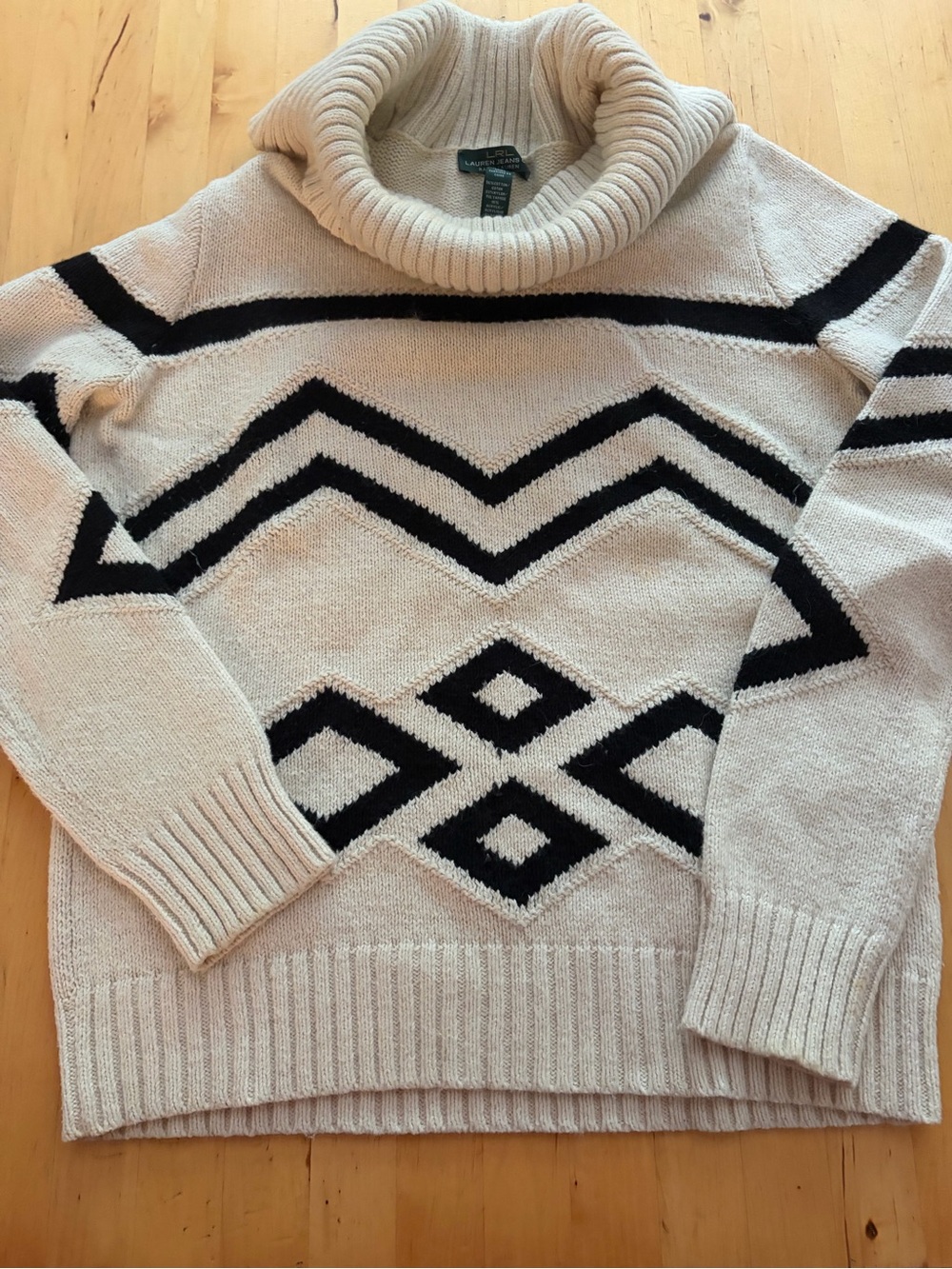Ralph Lauren Cream Turtleneck Sweater with Black Geometric Pattern